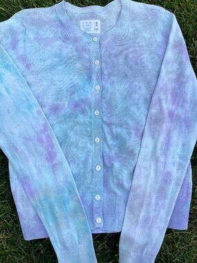Adult Women's Small Pastel Purple & Teal Random Tie-Dye Cardigan Button Down